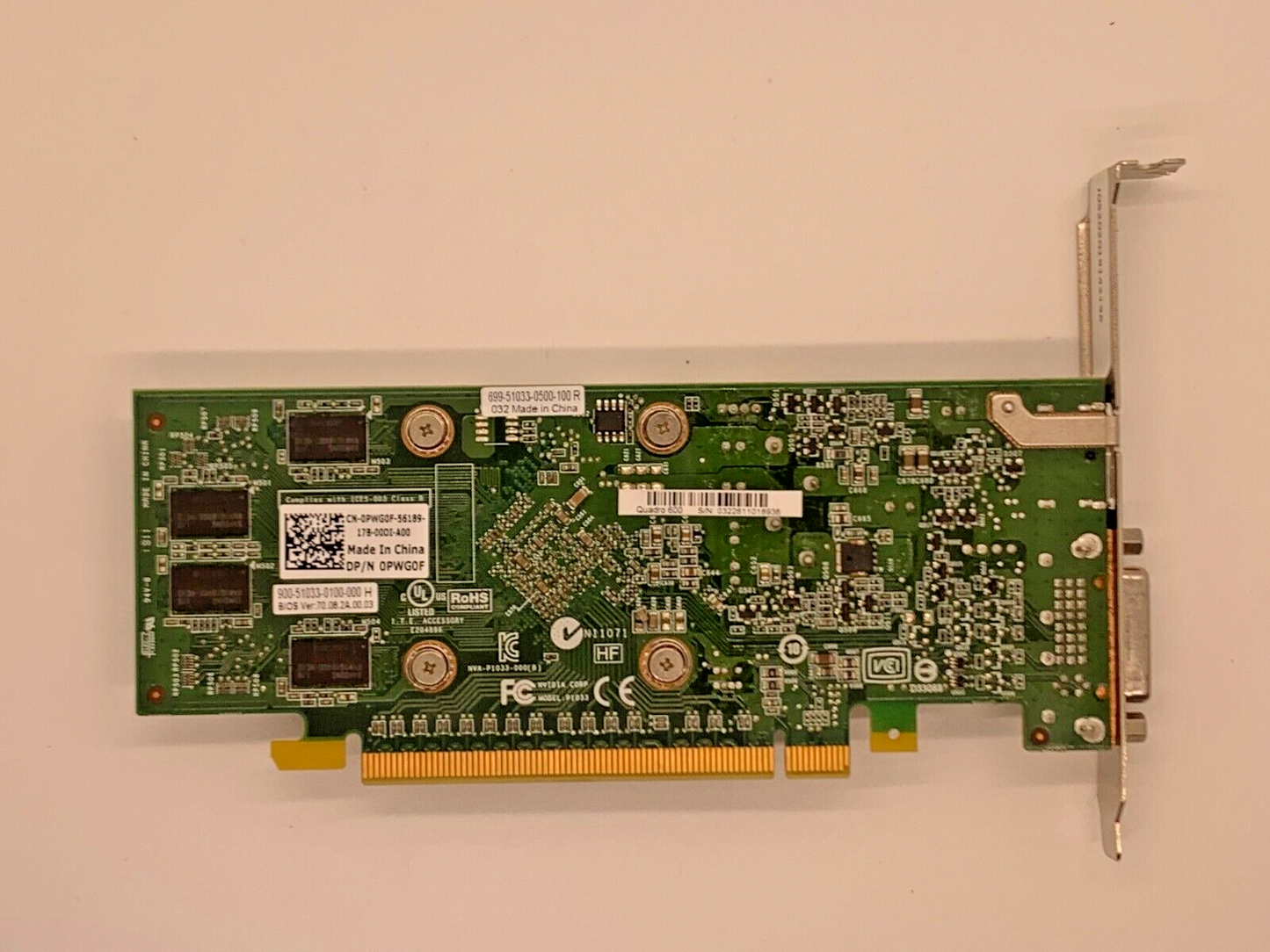 DELL PWG0F 0PWG0F NVIDIA QUADRO 600 1GB PCIE X16 VIDEO CARD