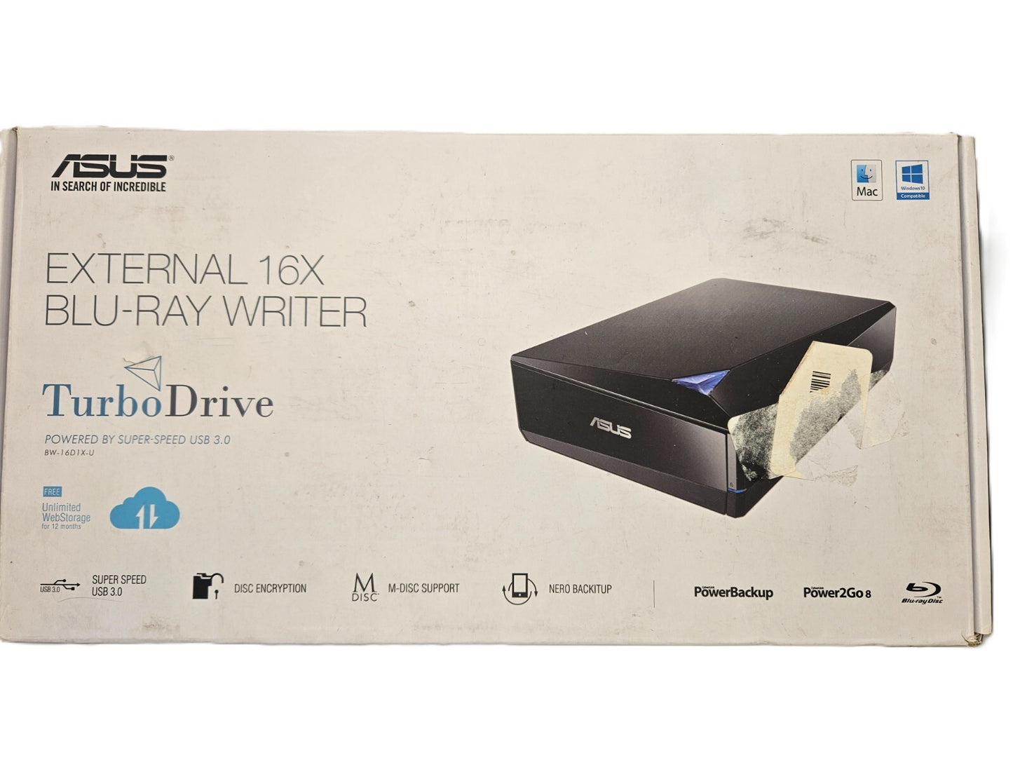 ASUS BW-16D1X-U USB 3.0 External 16X Blu-Ray Re-writer MacOS Compatible